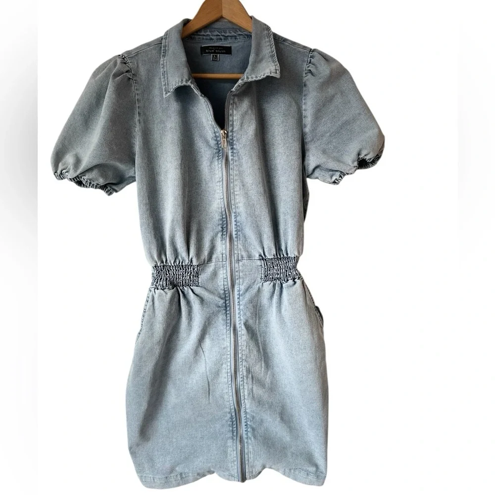 Blue Blush Cotton Blend Faux Denim Balloon Sleeve Dress - Picture 2 of 16